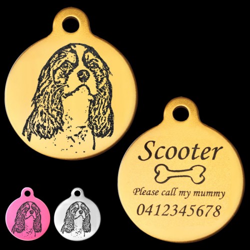 Cavalier King Charles Spaniel Style A Engraved 31mm Large Round Pet Dog ID Tag